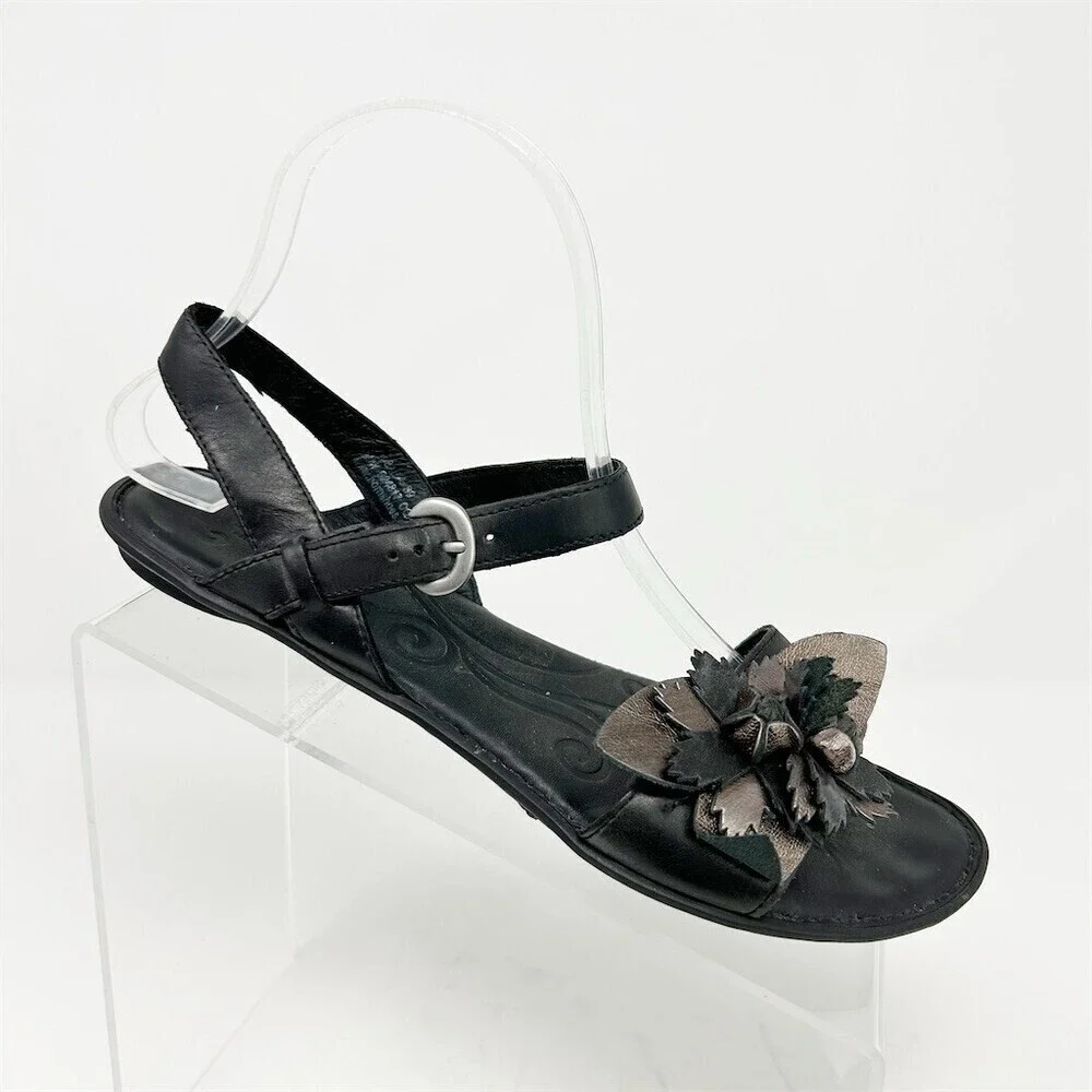 Born Yuki Women's Strappy Sandals Black Slingback Floral Accent Flat Size 8